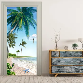 

3D Print Art Sticker Home Decoration Bird Coconut Tree Sea View Picture Self Adhesive Decal PVC Paper Waterproof Door Renovation