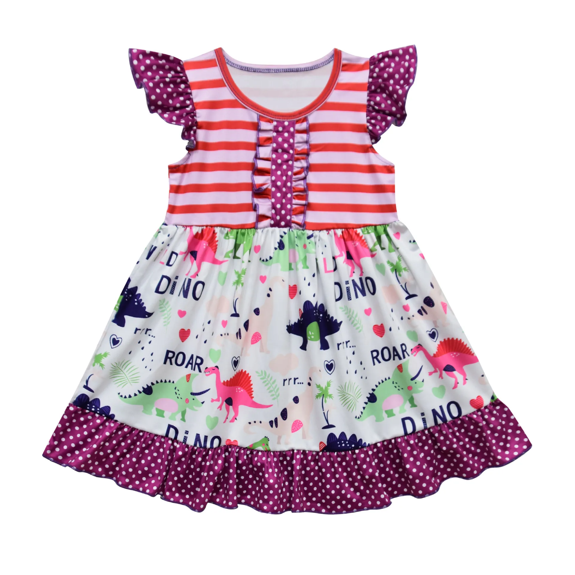 

2020 New Design Baby Summer Persnickety Dino Cartoon Boutique Clothing Ruffle Dress Cotton Princess Dresses