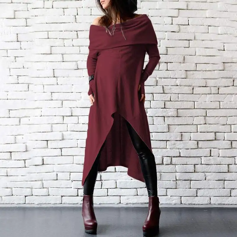 ZANZEA женское сексуальное платье с длинным рукавом с открытыми плечами осеннее Повседневное платье с вырезом лодочкой асимметричный подол сарафан вечерние платья Vestido Bodycon 7 - Цвет: Wine Red