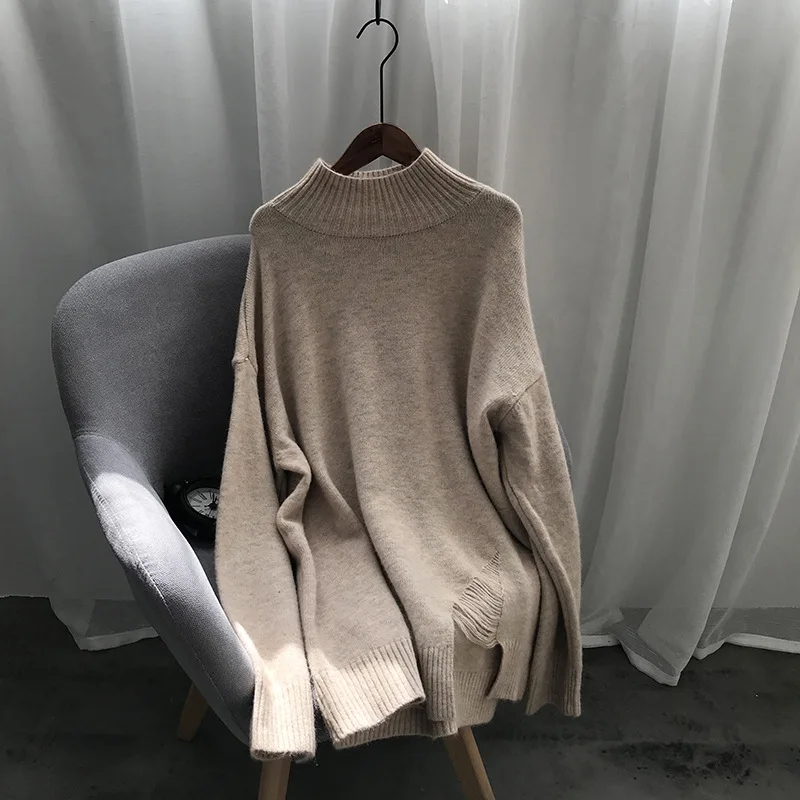Light Brown HXJJP осень и зима женский свободный однотонный вязаный пуловер с круглым вырезом женский свитер Pt021 - Цвет: Light Brown