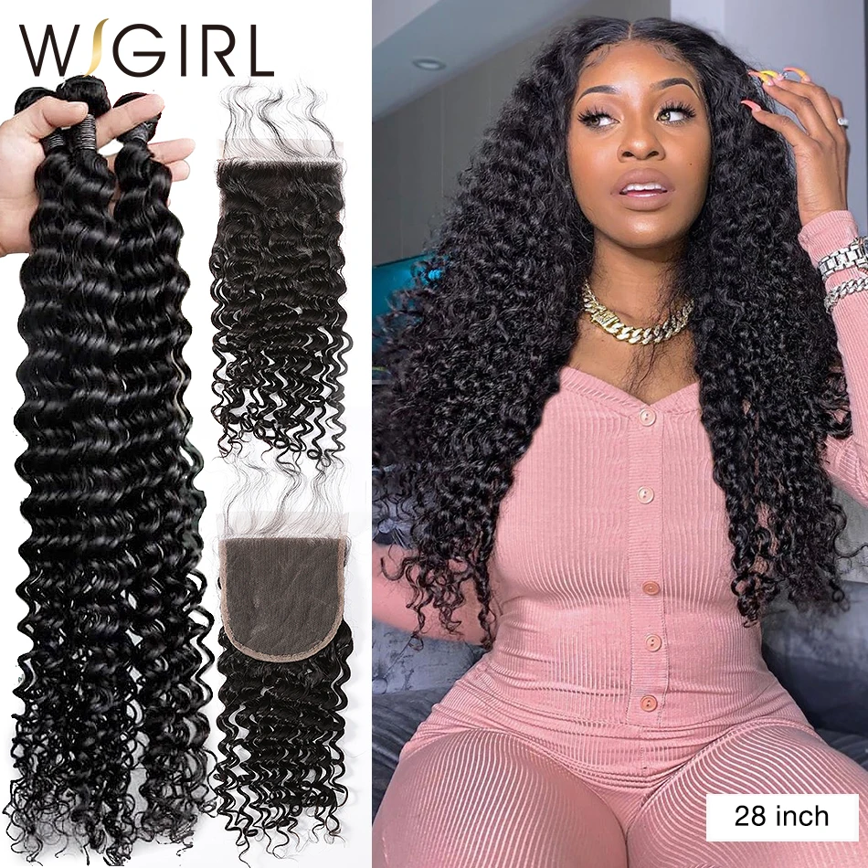 

Wigirl 8- 28 30 Inch Deep Wave Bundles With Closure Brazilian Remy Curly Human Hair Water Wave 3 4 Bundles Weave Lace Closure