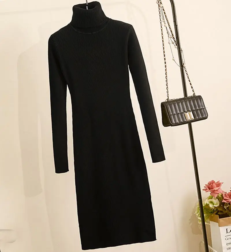 GIGOGOU вязаное длинное женское платье-свитер зимний толстый пуловер с высоким воротом облегающее Макси платье трикотажное платье в рубчик платье миди