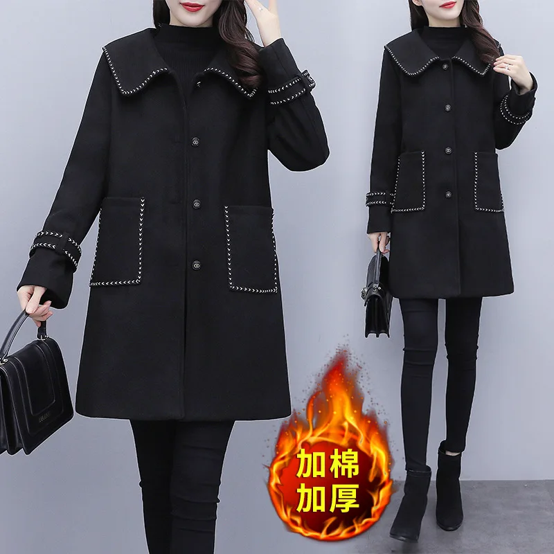 

New Korean Version of the Large Size Women Sailor Collar High-End Figure Flattering Elegant Woolen Coat-Music of the Tide