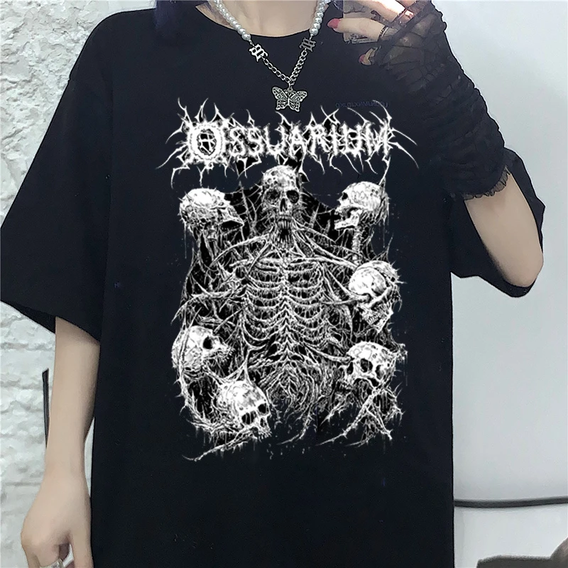 Summer Goth Female Horror Skull Loose men and womenT-shirt Punk Dark Grunge Streetwear gothic Top T-shirts Harajuku y2k clothes | Женская