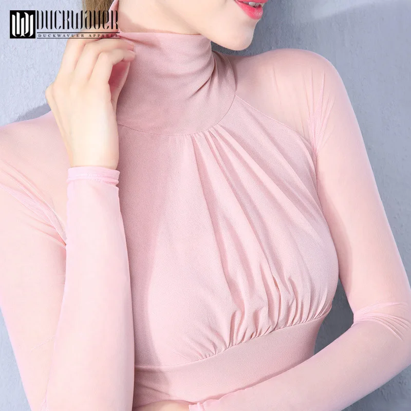 Duckwaver Women's Mesh Turtleneck Tops Solid Color Black Casual Shirt Tees Female Long-Sleeved Slim T-Shirt Top Basic Clothes