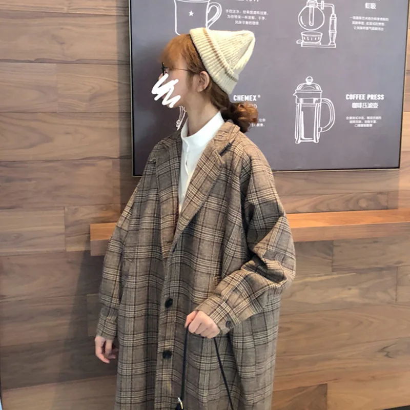 Loose-Fit Versatile Retro Plaid plus Thick Cotton Long Woolen Jacket Women's Spring And Autumn