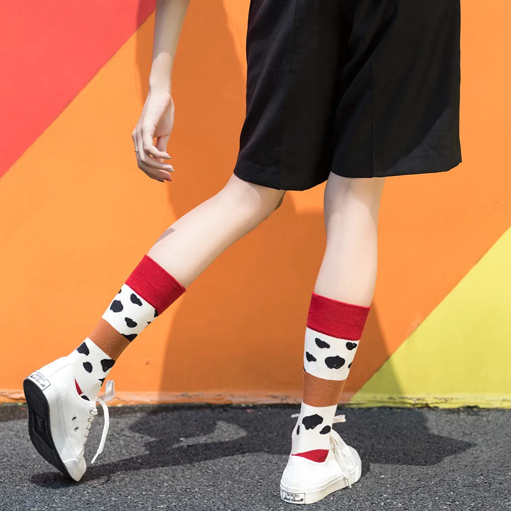 Women's Trend Cow Printing Bright Color Socks In The Tube Casual Cotton Socks Female Socks Funny Socks
