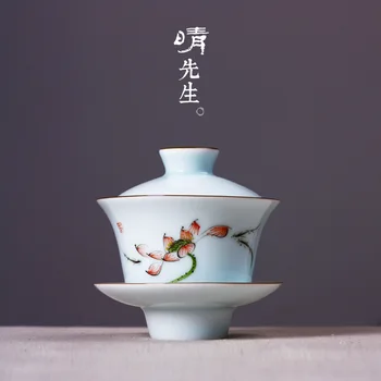 

Jindezhen Tradition Hand Celadon Lotus Tureen Ching Coloured Drawing Or Pattern Three Talents Bowl Pure Manual Zentao Tea Set
