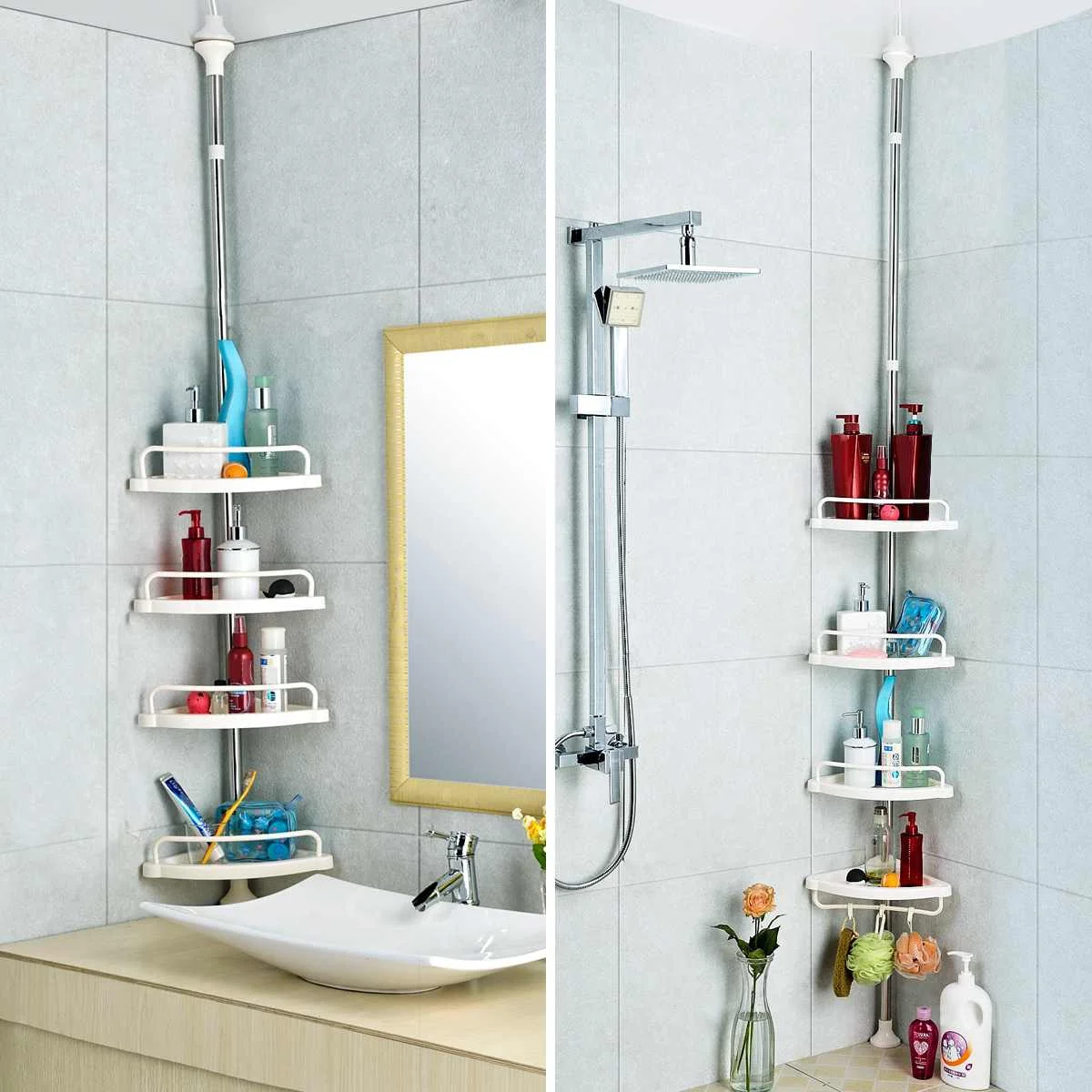 

Bathroom Wall Corner Rack Holder Suction Cups 5 Tray Storage Shelf Organizer Telescopic Adjustable Rack Bathroom Hardware