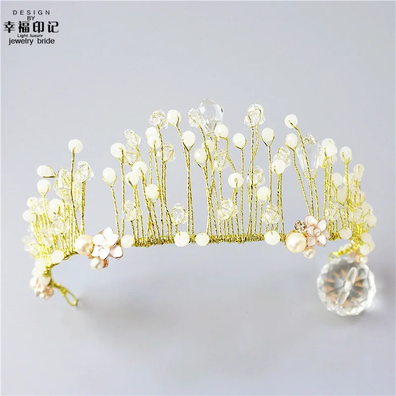 

Bride Handmade Large Crown Headdress Crystal Beaded Bracelet Crystal Column Hair Accessories Wedding Dress Marriage Ornament Del