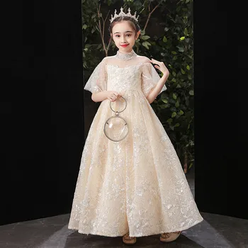 

2020Luxury Embroidery Flowers Birthday Wedding Party Princess Long Dress For Children Girls High Grade Piano Ceremony Host Dress