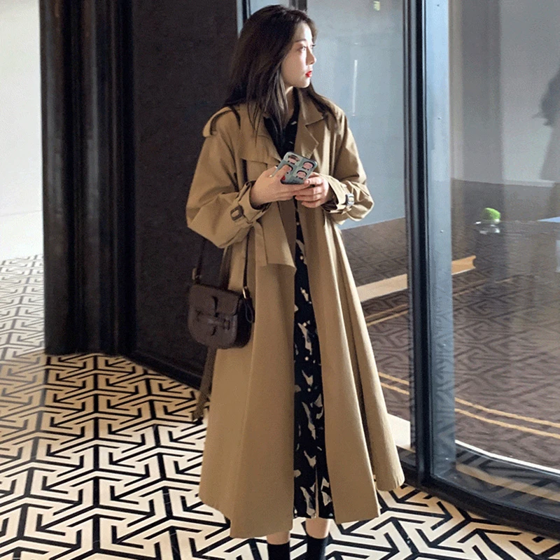 Women Trench Coat Autumn Casual Belt Waist Long Coat Turn Down Collar Long Sleeve Windbreaker Trench Fashion Outwear