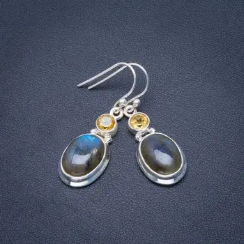 

Natural Blue Fire Labradorite and Citrine Handmade Unique 925 Sterling Silver Earrings 1.5" B2737