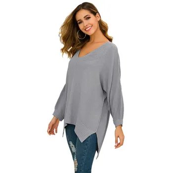 

Women Casual V Neck Sweater Solid Loose Side Split Tops Blouse Pullover -MX8
