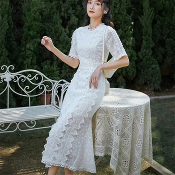 

CBAFU summer white vintage women mermaid dresses designer runway short sleeve lace patchwork chiffon long dress holiday F297