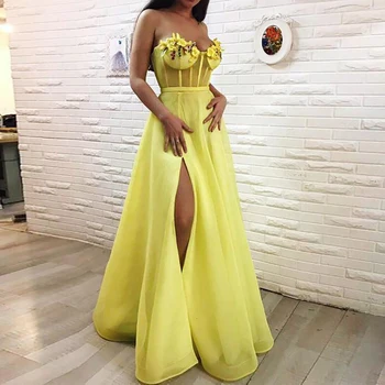 

Verngo Evening Dresses Long Yellow Organza and Tulle Formal Dress Flowers Prom Dress Party Gown Vestidos De Festa Longo