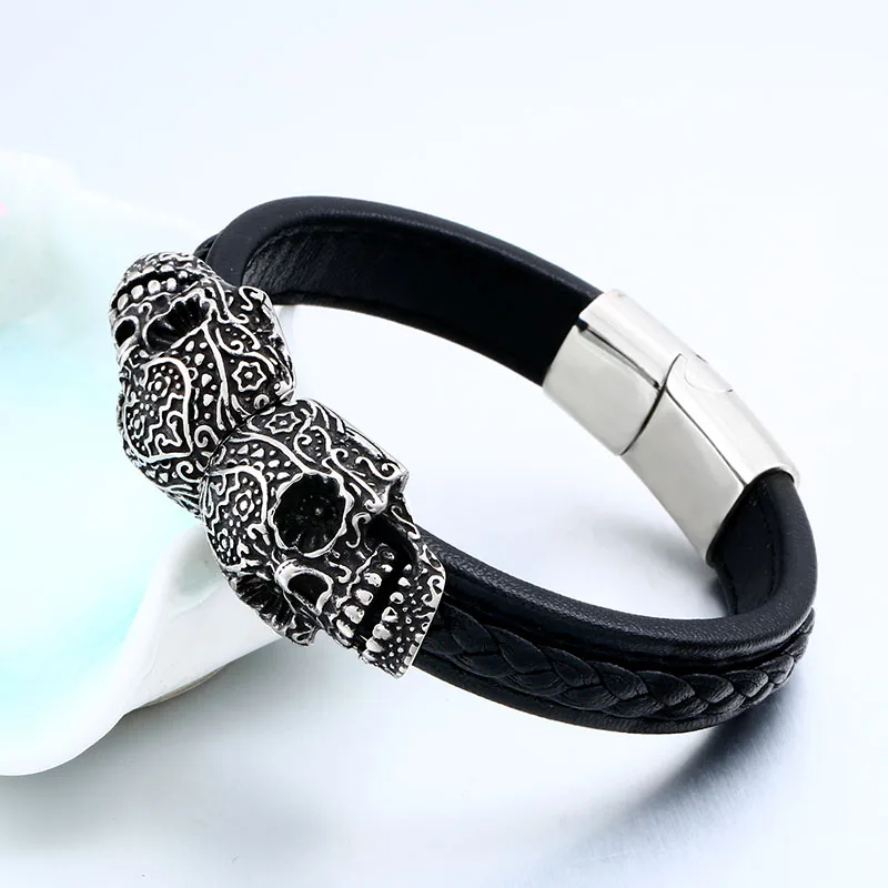 Beier 316L stainless steel Punk Double Skull Men's High Quality Leather Bracelet Party Fashion Jewelry Free Shipping LLBC-L024L