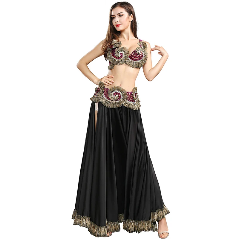

Tribal Belly Dance Clothes for Women 3 Pieces Outfit Set Beads Bra Belt Big Swing Skirts Gypsy Dance Performance Costume 119084
