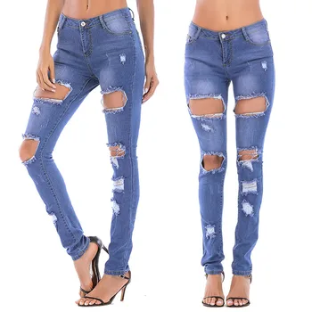 

Fashion Women High Waist Jeans Female Skinny Button Ripped Zipper Pocket Trousers Jeans Casual Denim Pants For All Seasons 2019