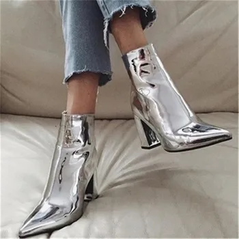 

2019 Women's Autumn Boots PU Leather Pointed Toe Square Heel Rubber Boots Fashion High Heel Women Shoes Gold Silver Size 35-40