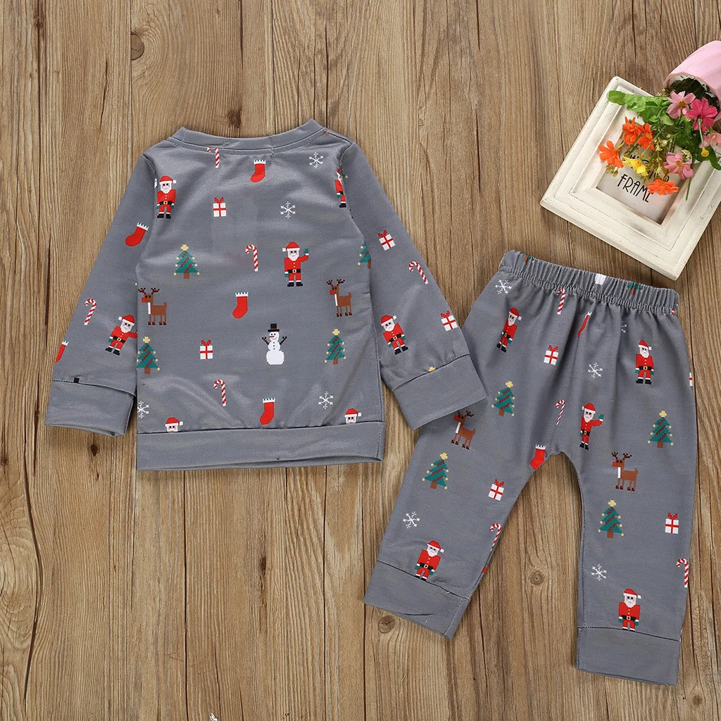 Рождественская одежда для маленьких мальчиков и девочек; Футболка с принтом Санта-Клауса и снеговика для новорожденных; штаны; комплект из 2 предметов; пижамы; одежда для детей