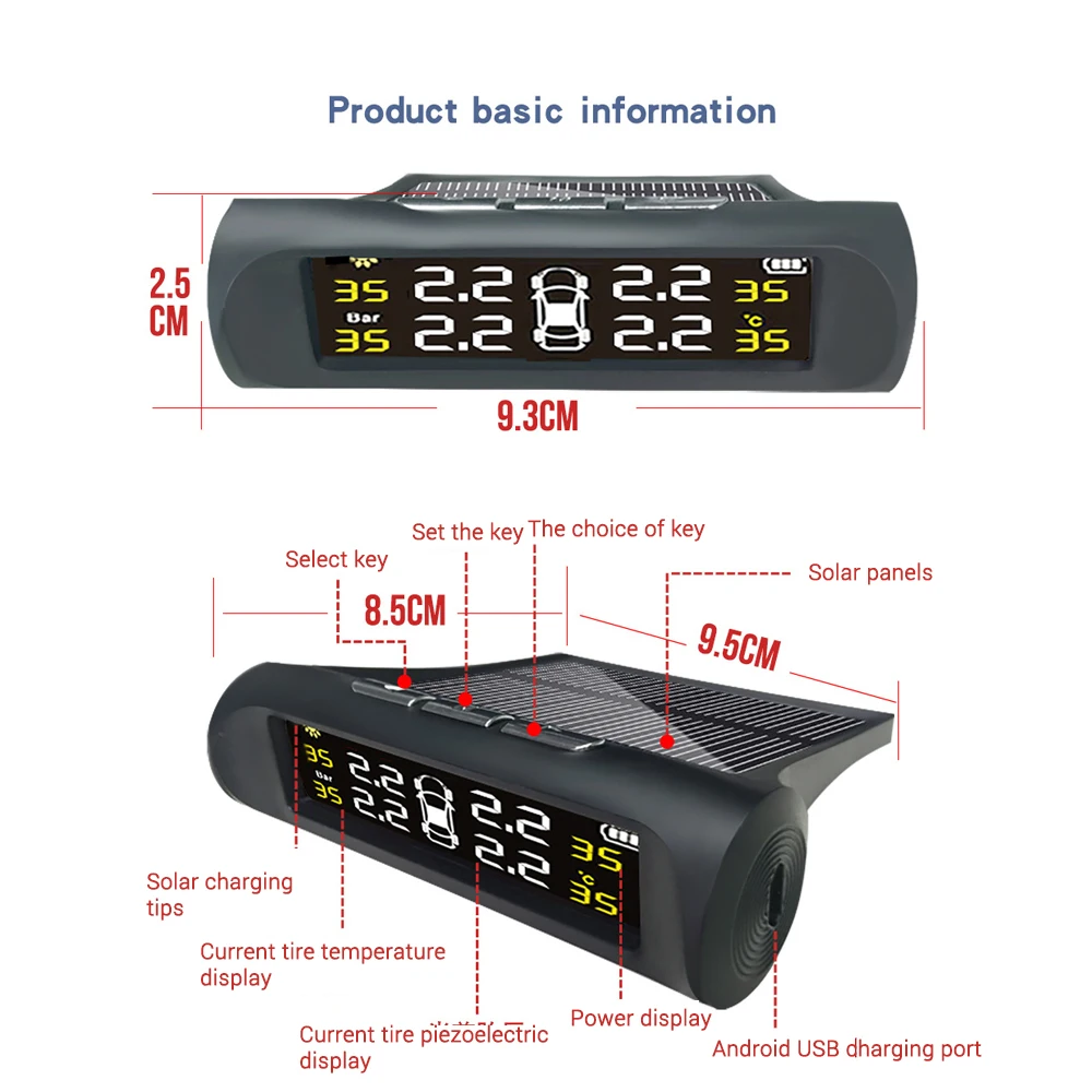 Автомобильный TPMS беспроводной монитор давления в шинах Система сигнализации+ 4 внешних датчика детектор шин мониторинг в реальном времени Солнечная/USB зарядка мощность
