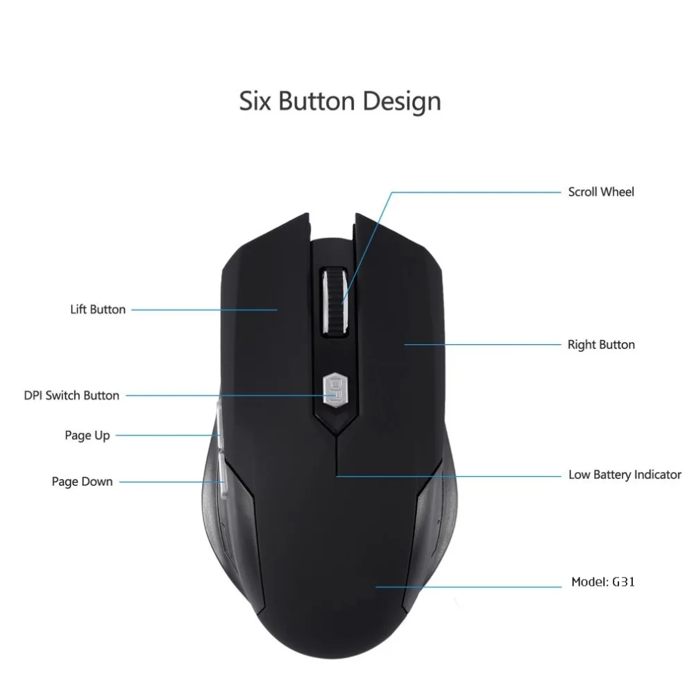 2.4GHZ Wireless Connection Technology Optical Mouse 1600(dpi) 6(key) G31 Suitable for Games Office Leisure Use