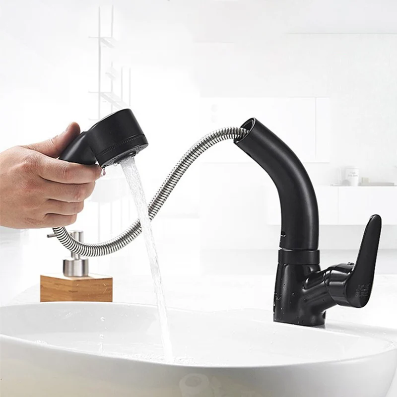 Brass Bathroom Basin Sink Faucet Pull Out Lifting Faucet Hot Cold mixer Faucet tap 360 degree rotating Crane Black Faucet