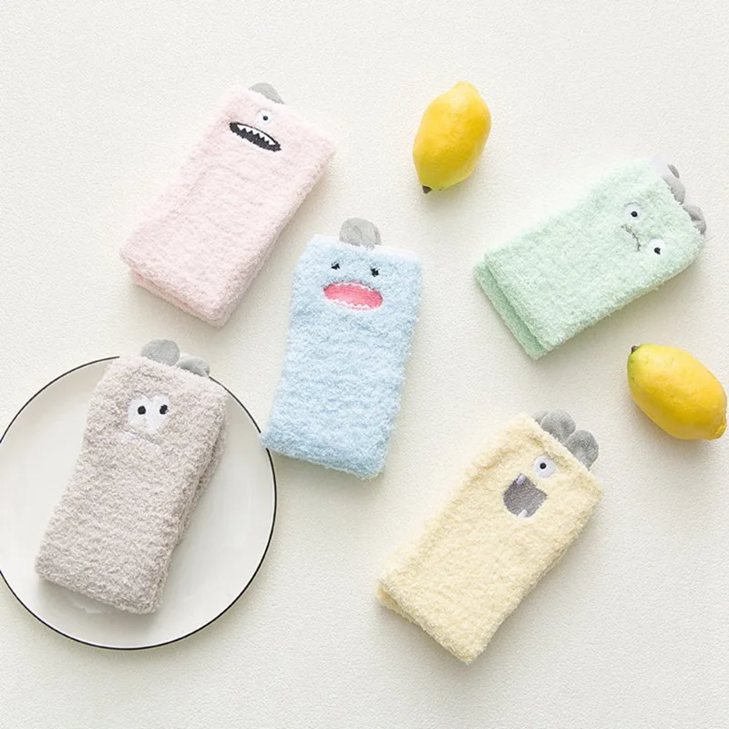 Kawaii/пушистые плотные теплые носки с объемным рисунком для женщин и девочек; зимние однотонные плюшевые носки
