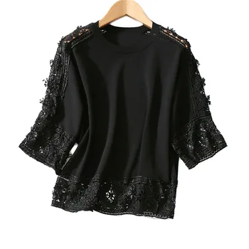

Women Sweater 2020 New Summer Fashion Crochet Lace 3/4 Sleeves Loose Temperament White Sweater Women's Cutout Top