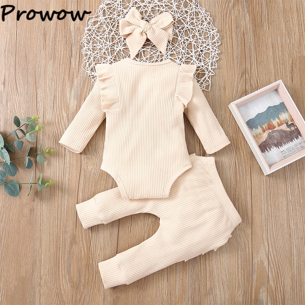 Prowow 0-18M 100% Cotton Baby Girl Clothes Set Long Sleeve Bodysuit Romper and Ruffles Pants Solid Baby Girl Outfit Newborn baby floral clothing set