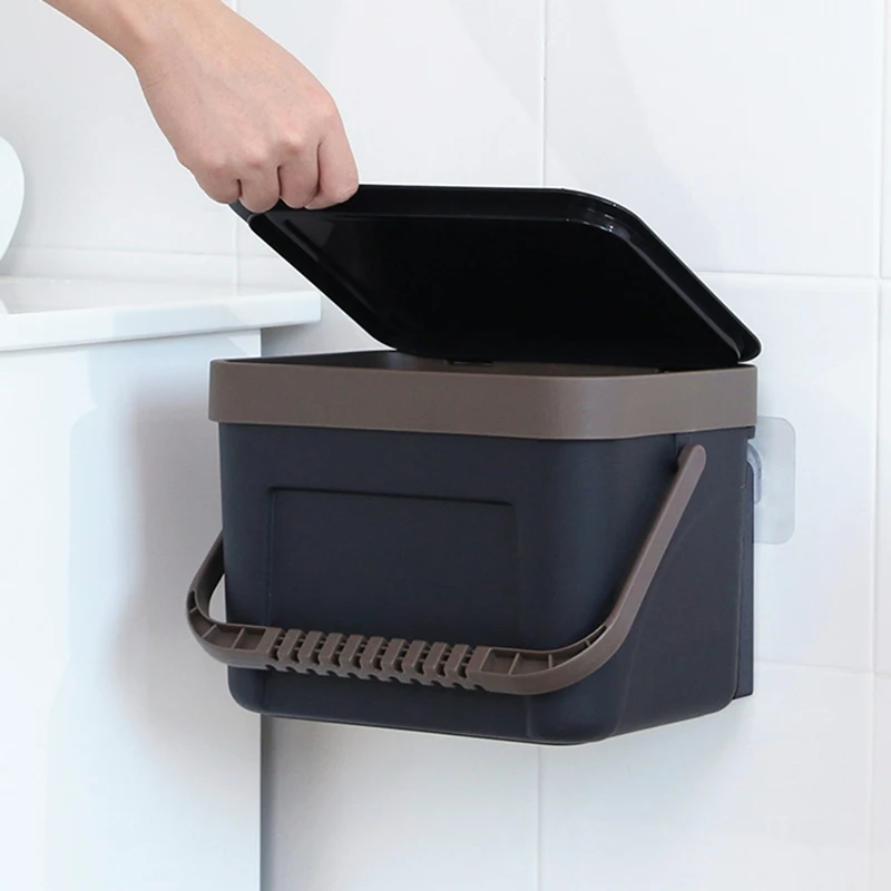 Waste Bin Office Kitchen Bathroom Dustbin with Save Space For Home Wall Mounted Trash Can Dual-Use Storage Box Brown-S