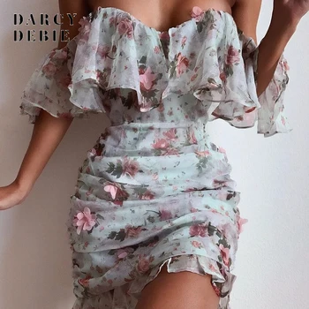 

Women Elegant Floral Printed Off Shoulder Double Layer Dress Sexy Strapeless Ruffles Ruched Mini Chiffon Spring Dresses vestidos