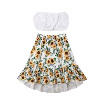 

2019 Summer Sunflowerf Toddler Baby Girls Strapless Crop Tops Printed Long Dress Outfits Clothes