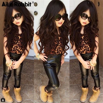 

Children's Clothing Set 2019 Summer New European And American Girls Suit Leopard Short-sleeved Shirt Leather Pants Leggings