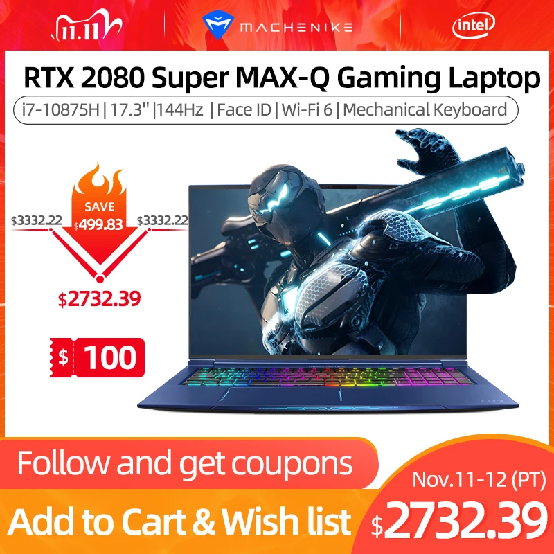 Machenike игровой ноутбук F117-FPQ RTX2080 супер MAX-Q i7 ноутбуки 10875H 32G 512GSSD 2THDD WiFi6 17 3 '𧉀Hz RGB