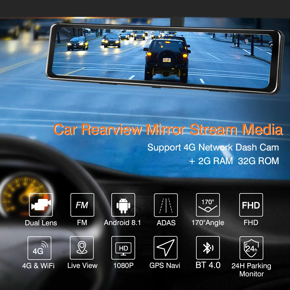

Car Rearview Mirror Dash Cam HD 1080P 12" Android 8.1 GPS Navigation Bluetooth Voice Control/Remote Monitor/ ADAS WiFi Rear View