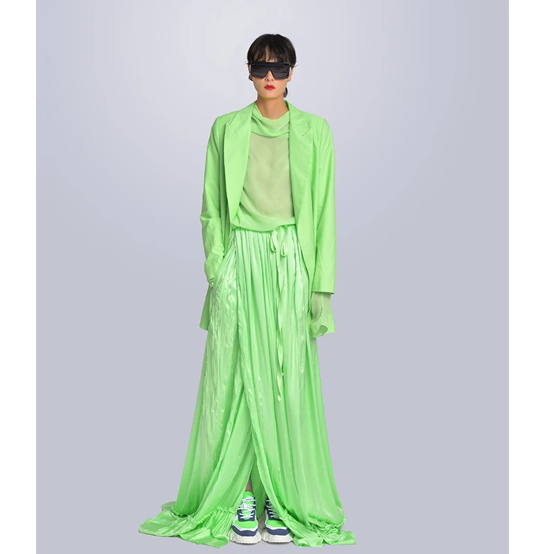 

MISHOW Milan Fashion Week Spring/Summer 2020 Female Three Piece Set Green Long Top Turn-down Collar Coat Long Skirt Look-10