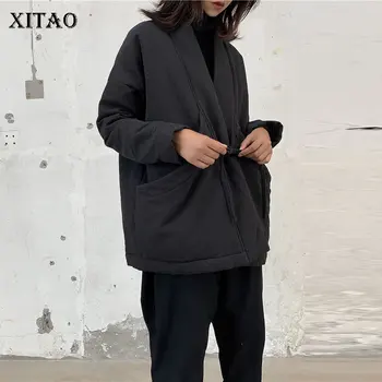 

XITAO Drawstring Black Parkas Women 2019 Winter Plus Size Loose Pocket Elegant Goddess Fan Full Sleeve Minority Parkas XJ2361