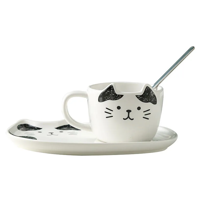 Cute Cat Ceramic Coffee Mug Set with Tray and Spoon Home Creative Cartoon  Breakfast Cup Office Tea Drinking Cups For Afternoon - AliExpress