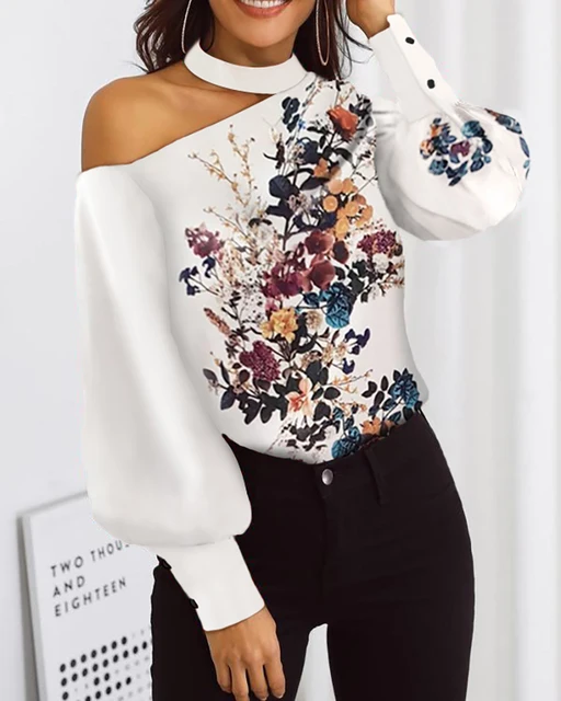 2020 otoño mujer manga larga Chic suelto Top camisa elegante cuello simulado Floral Blusa con manga de linterna|Blusas y camisas| -