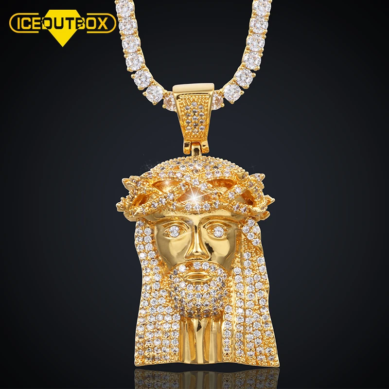 

New Gold Silver Solid Jesus Piece Pendant Necklace With Tennis Chain Iced Out Cubic Zircon For Men's Women Hip Hop Jewelry