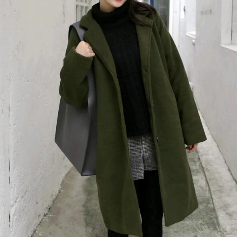 New Women Fashion Thick Woolen Coat Pockets Jackets Button Warm Long Outerwear - Цвет: Green