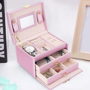 

3 Layer Storage Box Mirror Large Capacity Makeup Earring Ring Display Organizer Desktop Storage Box Sundries Container