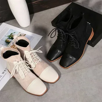 

Scarpe Donna Boots Women Zapatos De Mujer Cross-Tied Chaussures Femme Square Toe Female Shoes Mixed Color Ankle Boots Med Heels