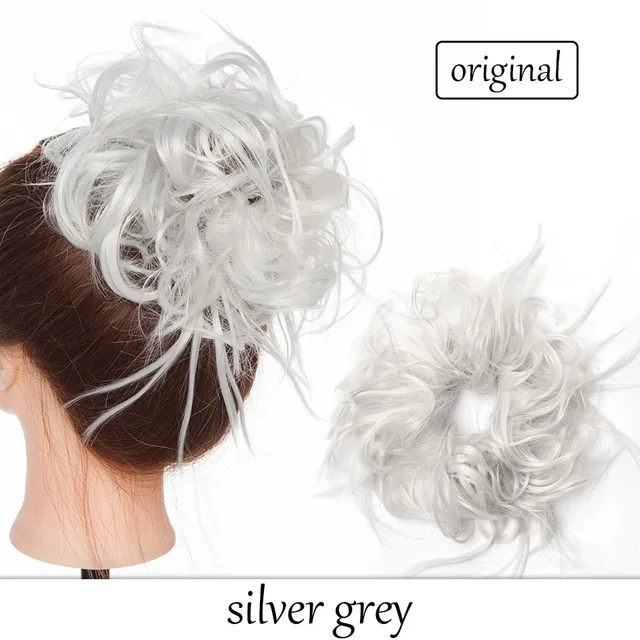 HAIRRO 80g Straight Donut Chignon Hairpieces Synthetic Ombre Elastic Updo Chignon Fluffy Messy Scrunchies Hair Bun For Women silver grey-45g