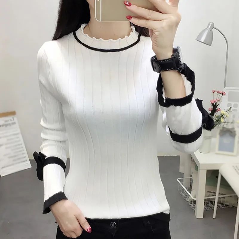 Sweater Women Long Flare Sleeve Sweaters Autumn Knitted Pullovers Tops Solid Color Female Sweaters Wooden Ear Bow Slim Sweater Sweater Women Long Flare Sleeve Sweaters Autumn Knitted Pullovers Tops Solid Color Female Sweaters Wooden Ear Bow Slim Sweater