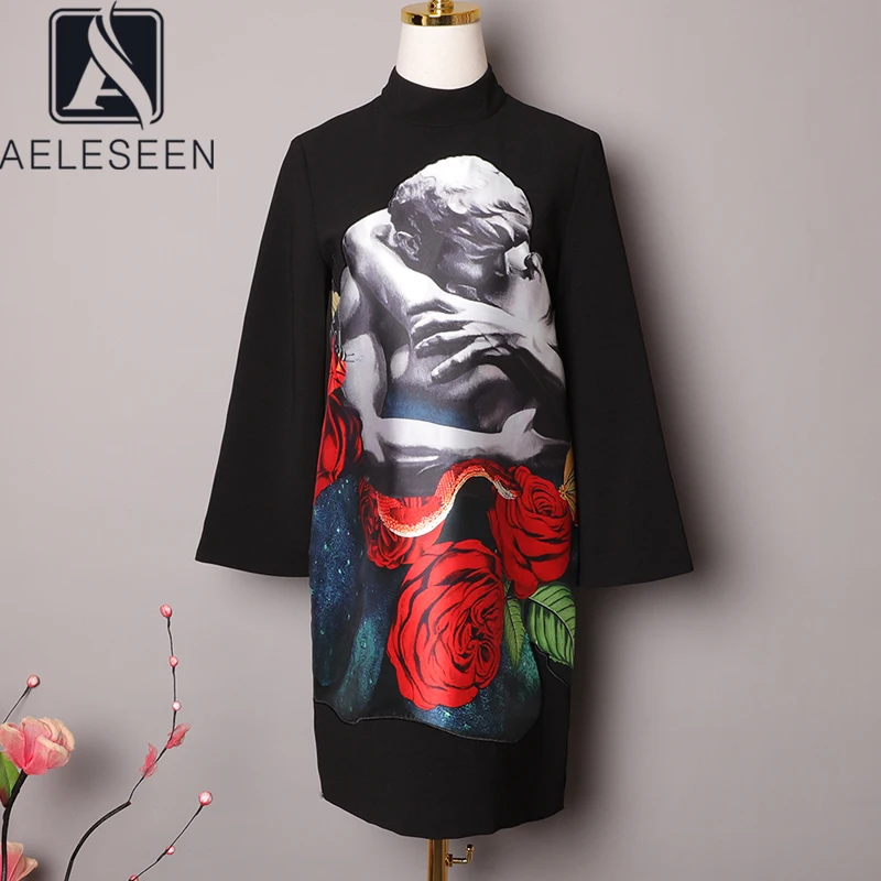 AELESEEN Ruwnay, модное черное платье, весна-осень, женское платье с длинным рукавом, водолазка, цветочный принт, Повседневные Вечерние мини-платья