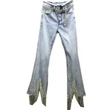 Мода весна осень высокая Талия Тонкий бахромой Алмазный бисер Джинсы женские Женские расклешенные брюки