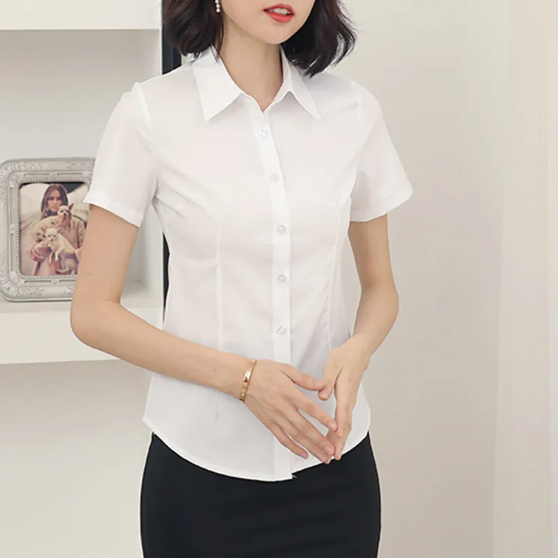 Fashion Woman Blouses 2022 V-neck Short Sleeve Solid Work Shirts Tops Pretty and Cheap Women's Blouse OL White Female clothing